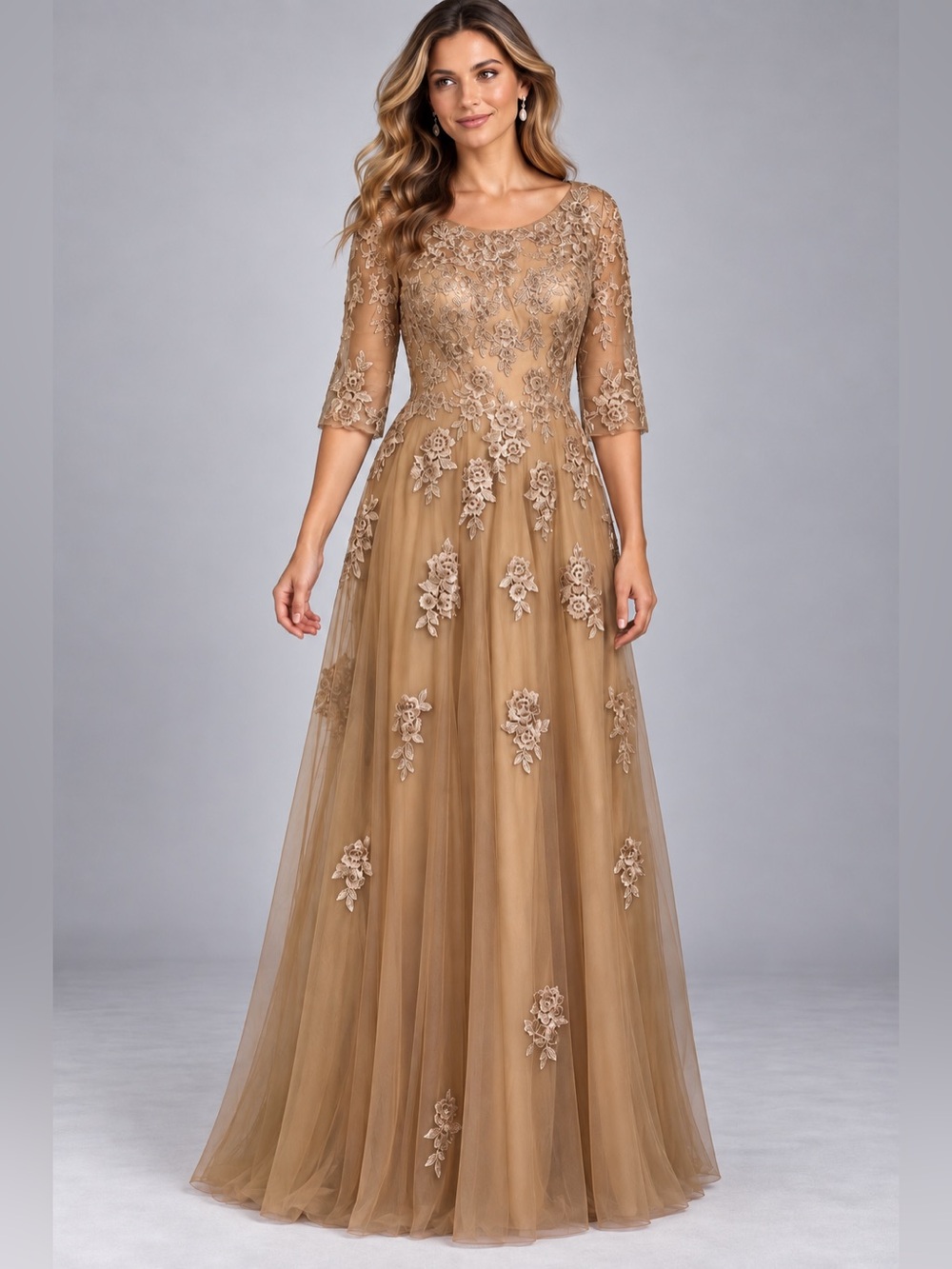 NWT La Femme Latte Embroidery Lace Appliqué Embellished Tulle Evening Gown 8